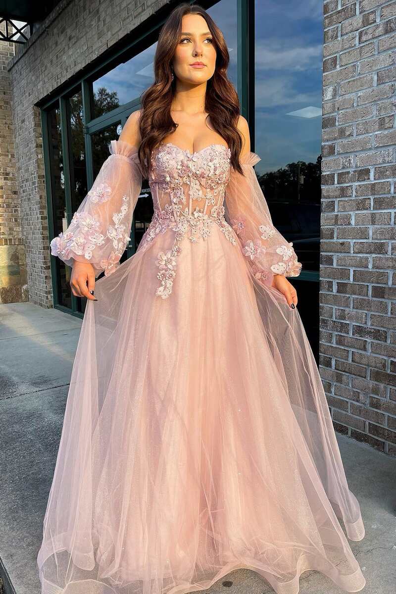 Pink Tulle Strapless Puff Sleeve A-Line Classy Prom Dress