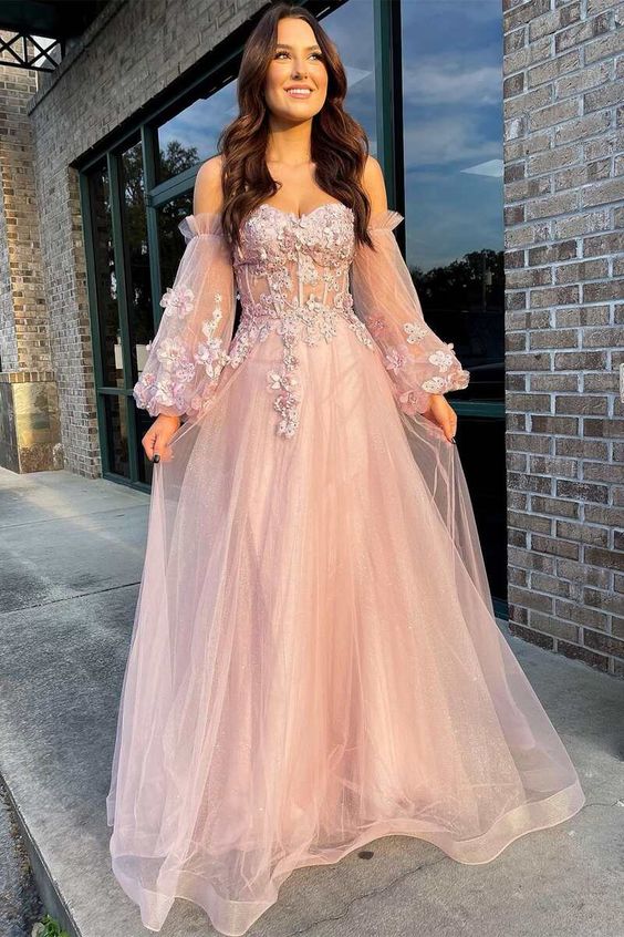 Pink Tulle Strapless Puff Sleeve A-Line Classy Prom Dress Main image