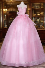 Pink Tulle Straps Ball Gown Long Sweet 16 Dress, Pink Tulle Formal Dress