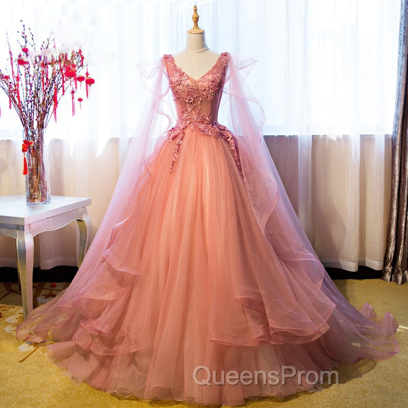 Pink Tulle Sweet 16 Party Dress With Lace Applique, Long Formal Gown Secondary image