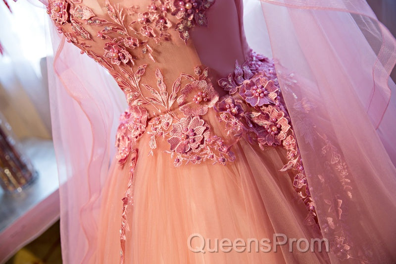 Pink Tulle Sweet 16 Party Dress With Lace Applique, Long Formal Gown