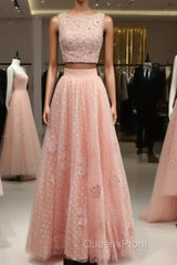 Pink Tulle Two Piece Evening Prom Dress Lace Crop
