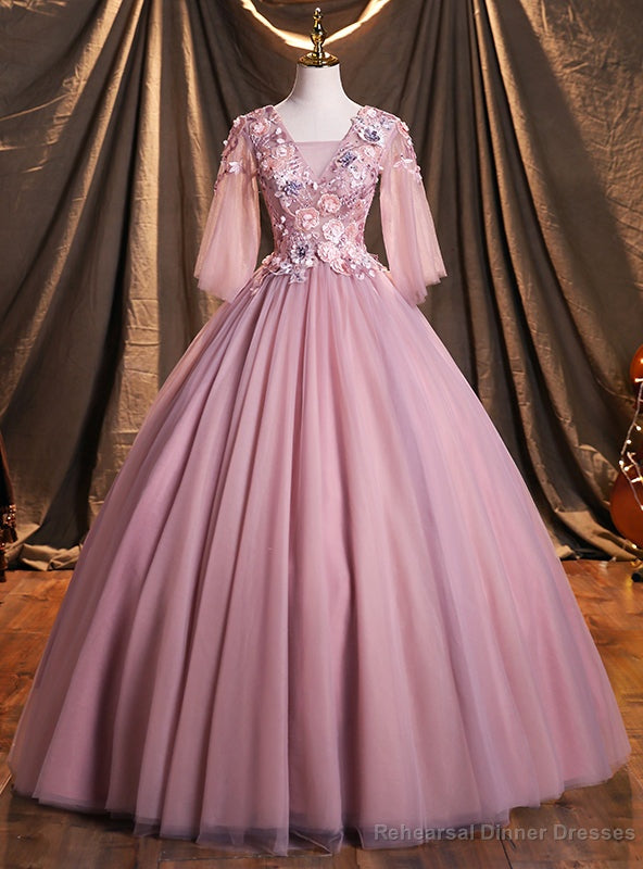 Pink Tulle V-neck Appliques Short Sleeve Quinceanera Dresses Main image