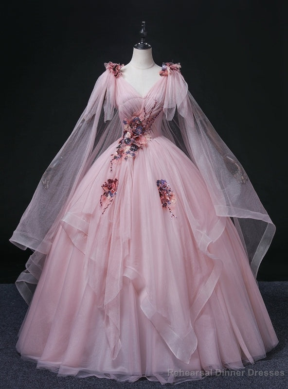 Pink Tulle V-neck Sequins Appliques Quinceanera Dress Main image