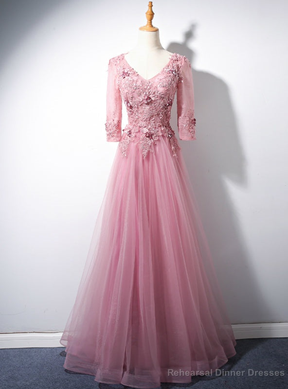 Pink Tulle V-neck Short Sleeve Appliques Beading Prom Dress Main image