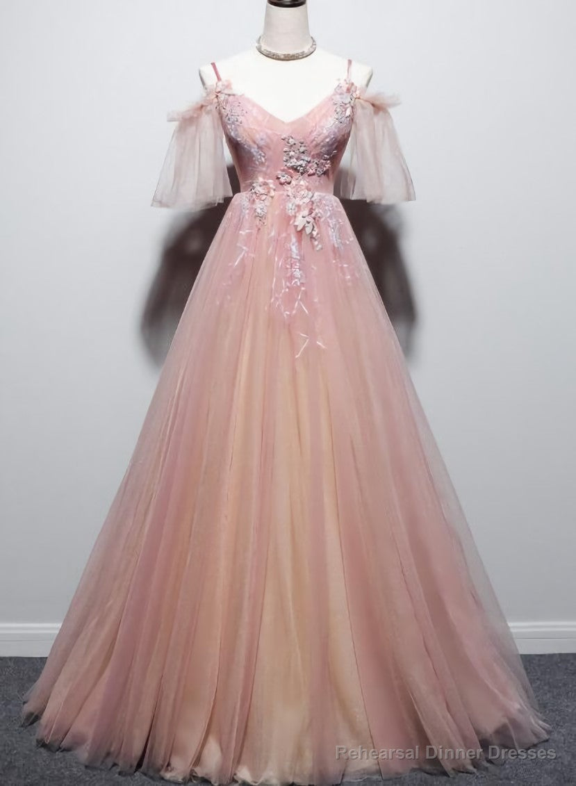 Pink Tulle V-neckline Floral Long Prom Dress, Pink Straps Party Dress Secondary image