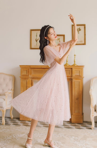 Pink Tulle V-Neckline Tea Length Homecoming Dress, Cute Pink Short Classy Prom Dress