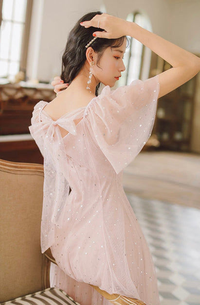 Pink Tulle V-Neckline Tea Length Homecoming Dress, Cute Pink Short Classy Prom Dress