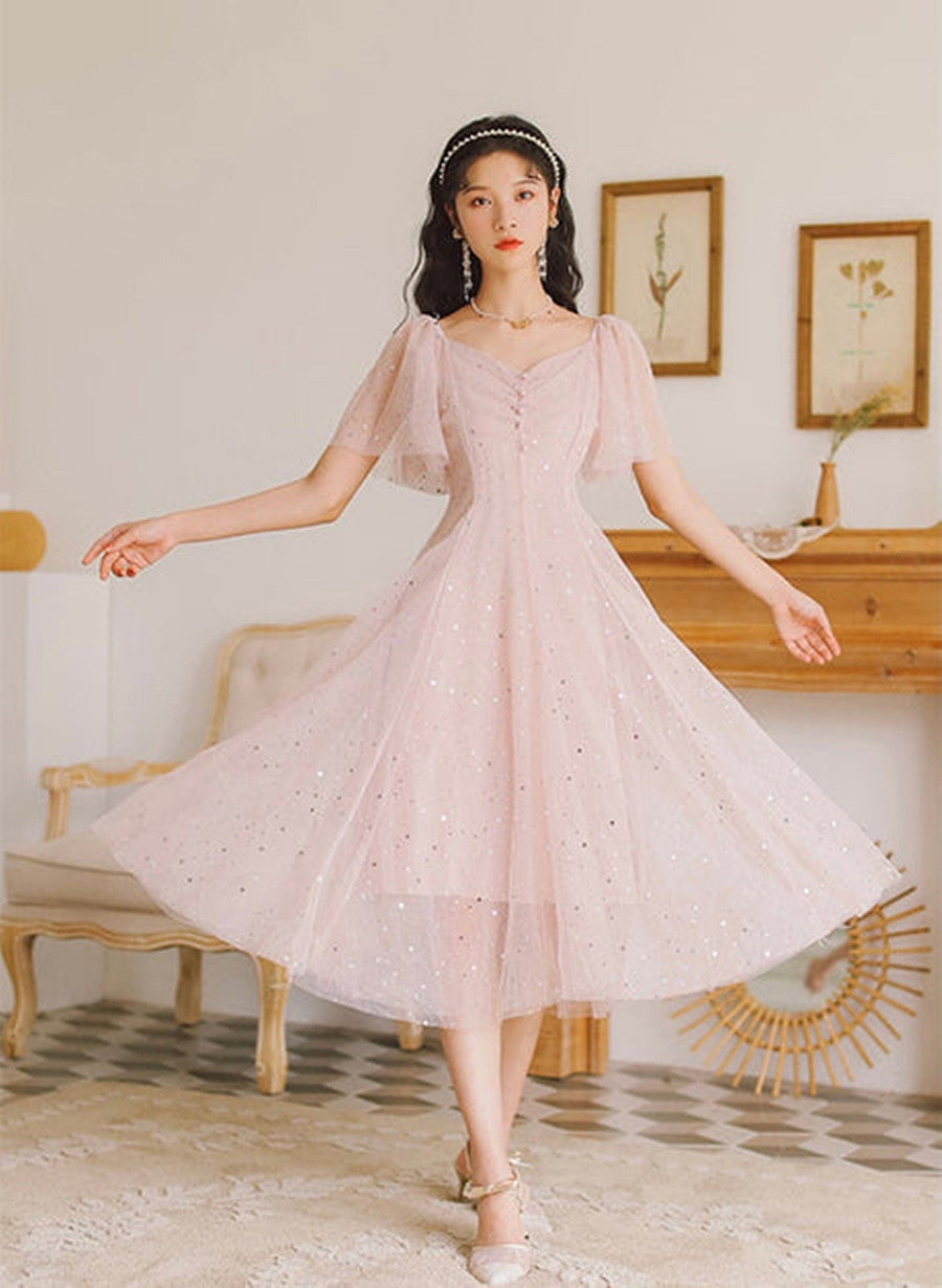 Pink Tulle V-Neckline Tea Length Homecoming Dress, Cute Pink Short Classy Prom Dress