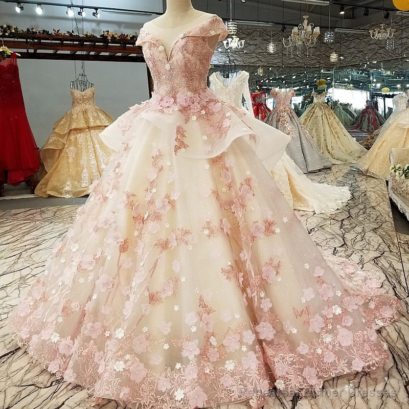 Pink Tulle with Flowers and Beaded Long Party Dress, Pink Sweet 16 Gown Main image