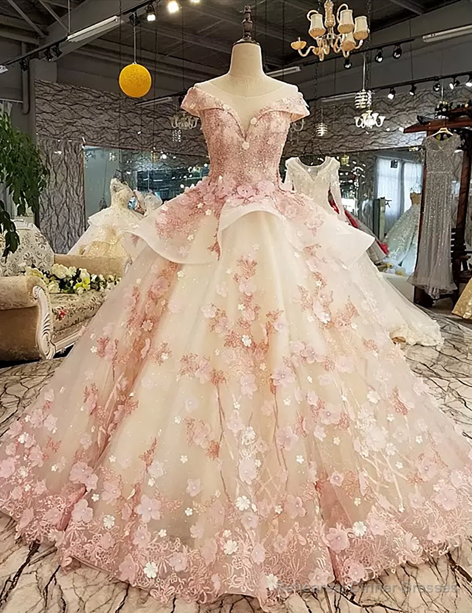 Pink Tulle with Flowers and Beaded Long Party Dress, Pink Sweet 16 Gown Secondary image