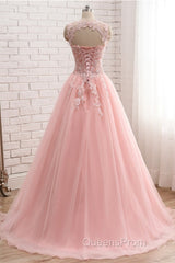 Pink Tulle With Lace Applique Ball Gown Open Back Evening Gown, Pink Formal Dress