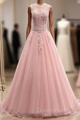 Pink Tulle With Lace Applique Ball Gown Open Back Evening Gown, Pink Formal Dress