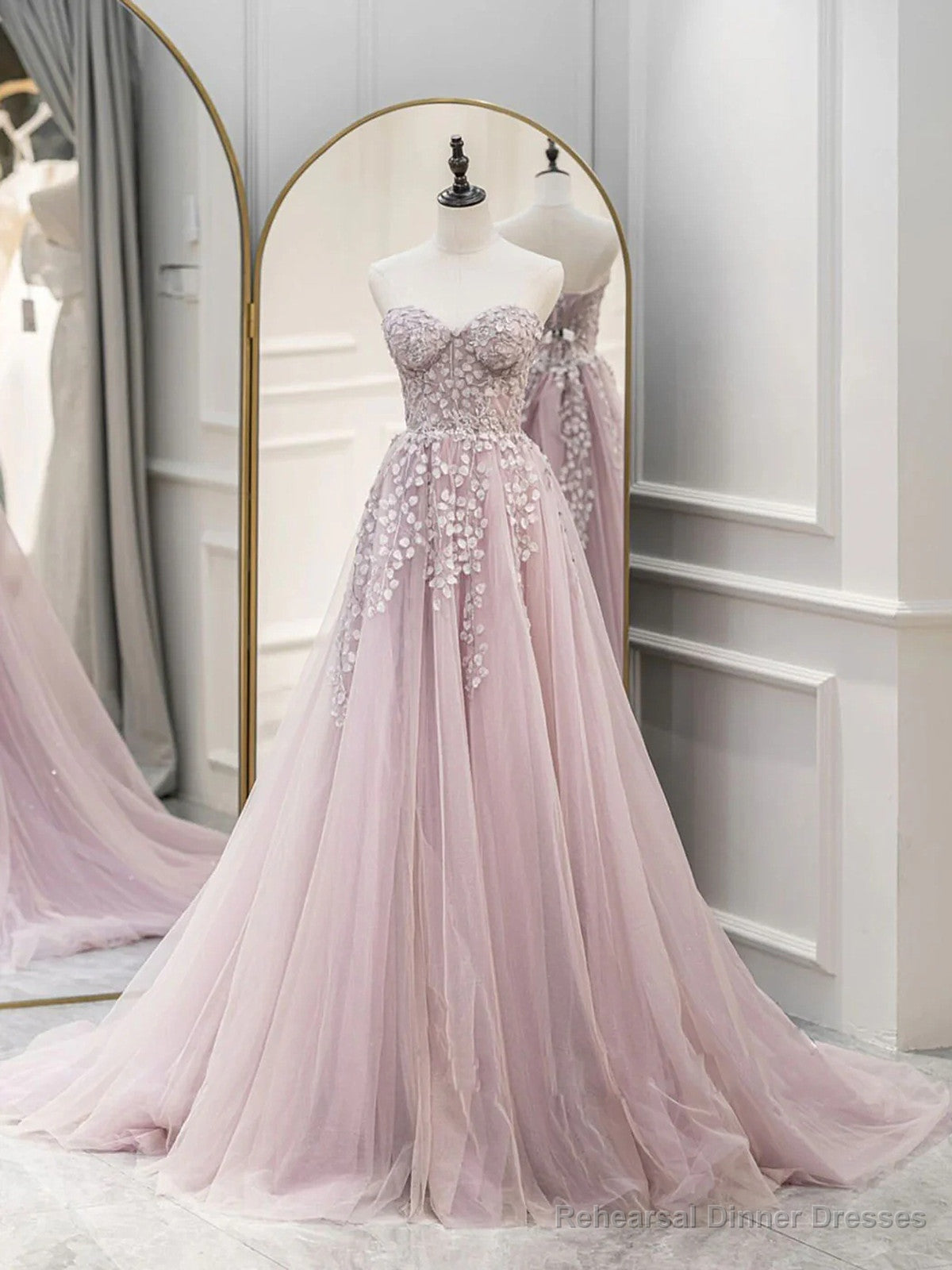 Pink Tulle with Lace Applique Long Party Dress, Pink Sweetheart Prom Dress Main image