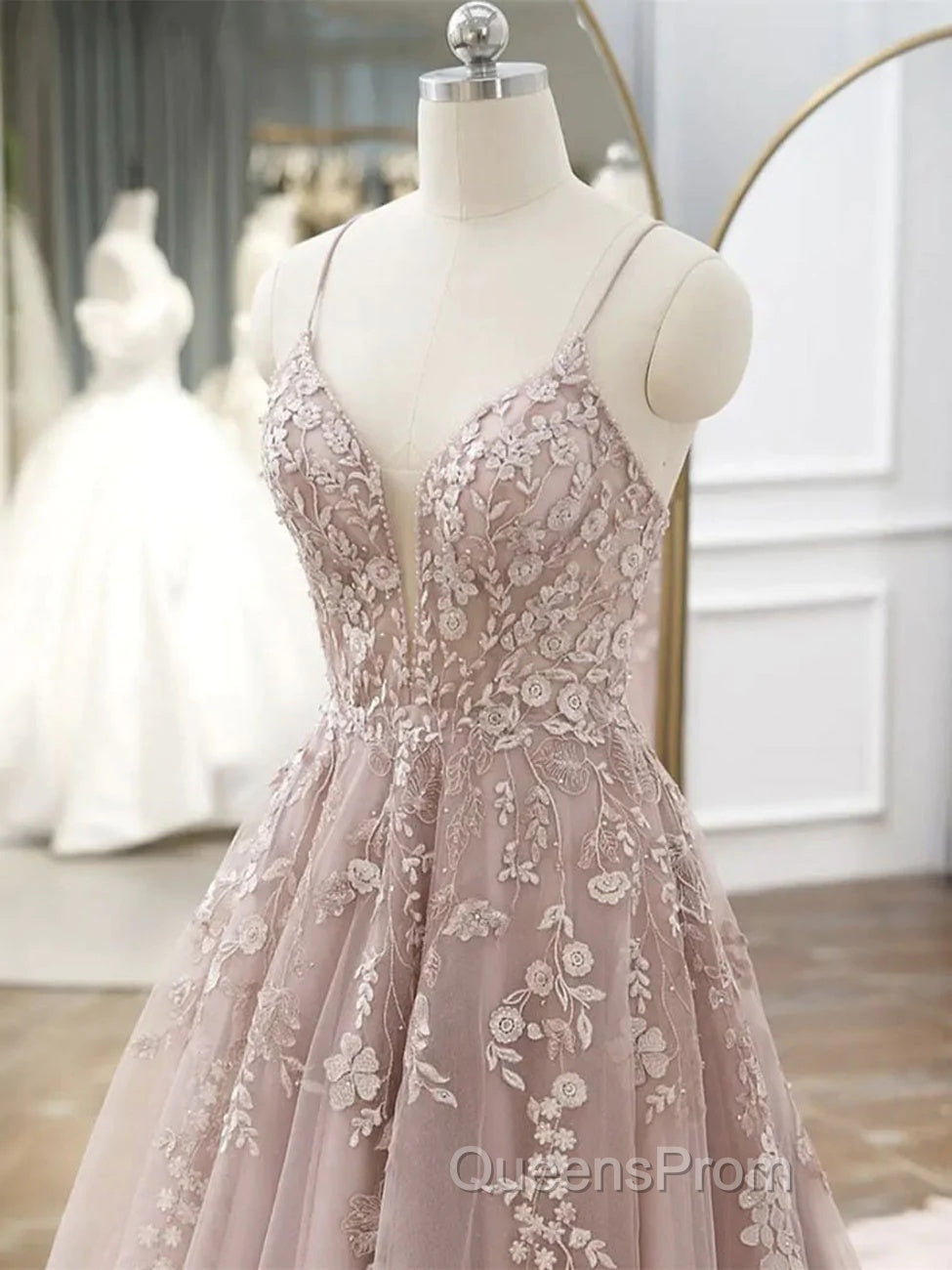Pink Tulle With Lace Applique Low Back Evening Prom Dress, Pink A-Line Tulle Party Dress