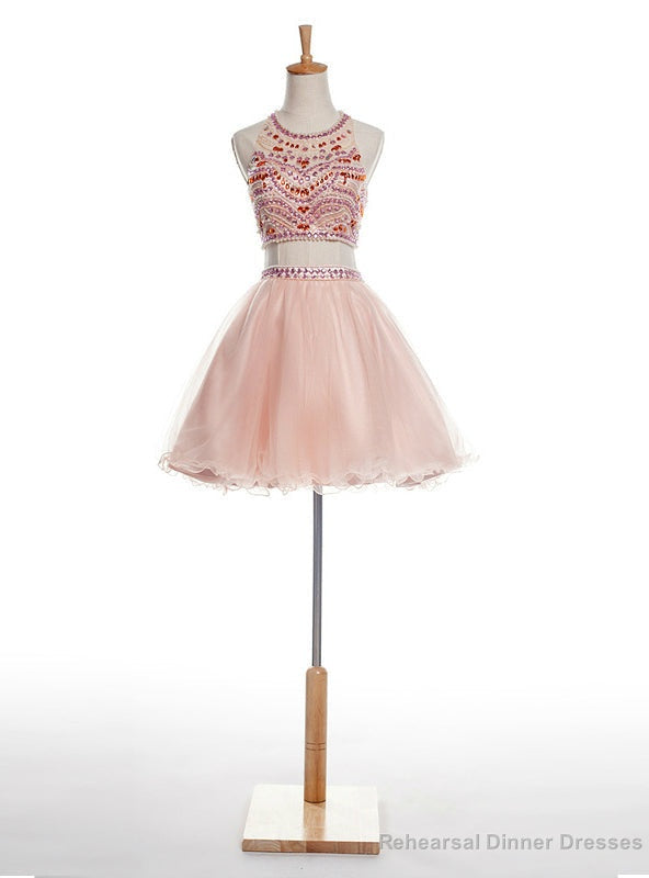 Pink Two Piece Halter Backless Tulle With Crystal Homecoming Dress Main image