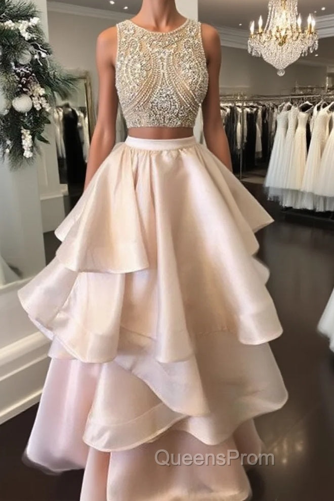 Pink Two Pieces Beaded Long Evening Prom Dress, Pink Evening Dress Main image