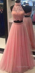 Pink Two Pieces Lace Tulle Long Evening Prom Dress, Pink Evening Dress