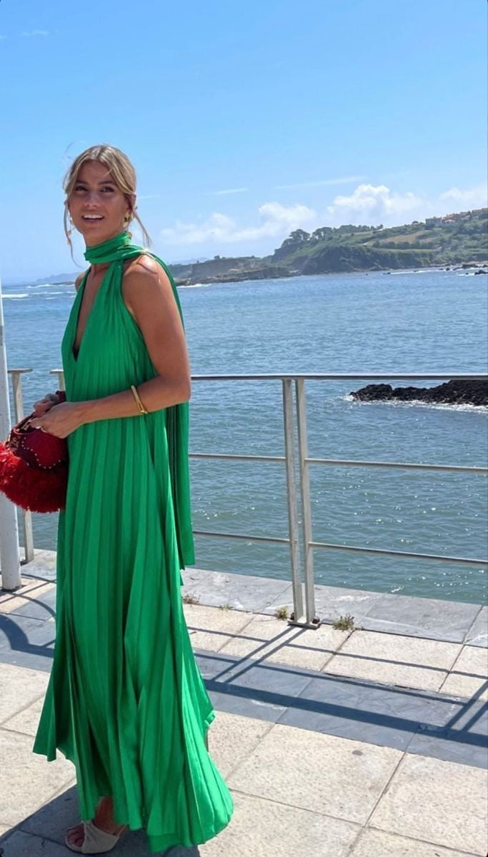 Pink/Green Fashion V-Neck Elegant Long Satin Classy Evening Dress Party Dress Wedding Guest Dress Maternity Dress