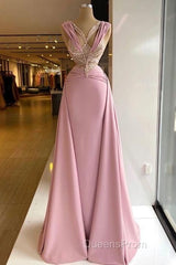 Pink V-Neck Fitted Satin Lace Long Evening Prom Dress