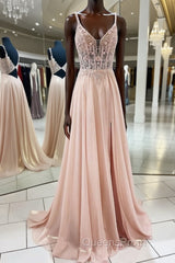 Pink v neck lace chiffon long Evening Prom Dress, pink formal Dress