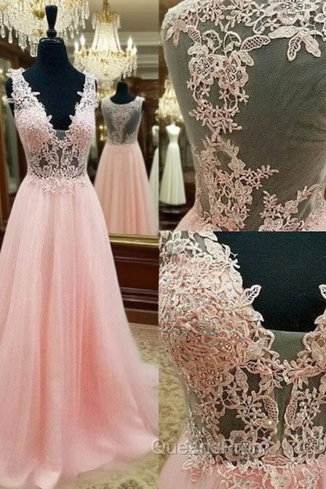 Pink V Neck Lace Long Evening Prom Dress, Pink Evening Dress