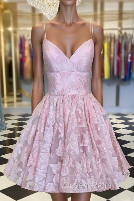 Pink v neck lace short Evening Prom Dress, pink lace homecoming Dress Main image