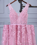 Pink V Neck Lace Tulle Long Prom Dress, Lace Evening Dresses