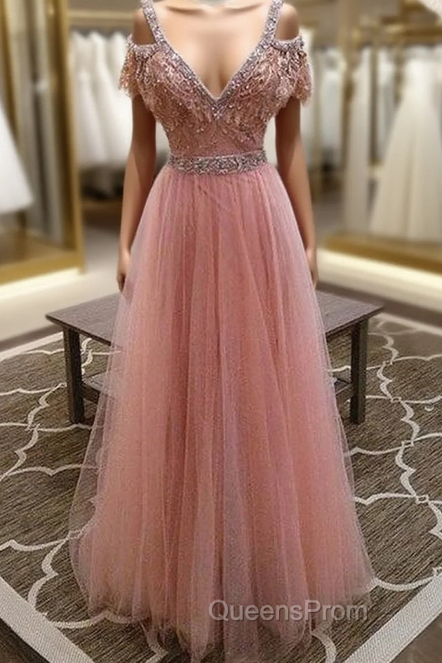 Pink V Neck Lace Tulle Long Evening Prom Dress, Pink Evening Dress Main image