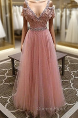 Pink V Neck Lace Tulle Long Evening Prom Dress, Pink Evening Dress