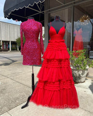 Pink V Neck Layers Tulle Long Ball Gown,Light Blue A Line Spaghetti Strap Evening Dress