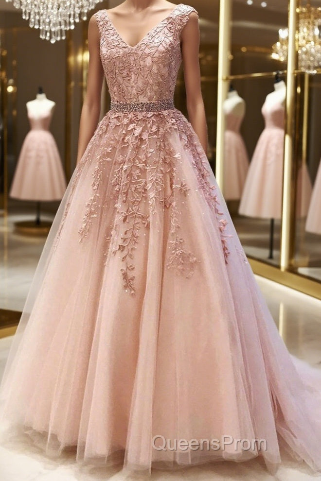 Pink V Neck Long Lace Evening Prom Dress, Pink V Neck Long Lace Formal Evening Dress Main image