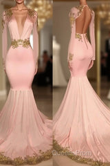 Pink V Neck Long Sleeves Mermaid Evening Prom Dress Affordable Evening Dress