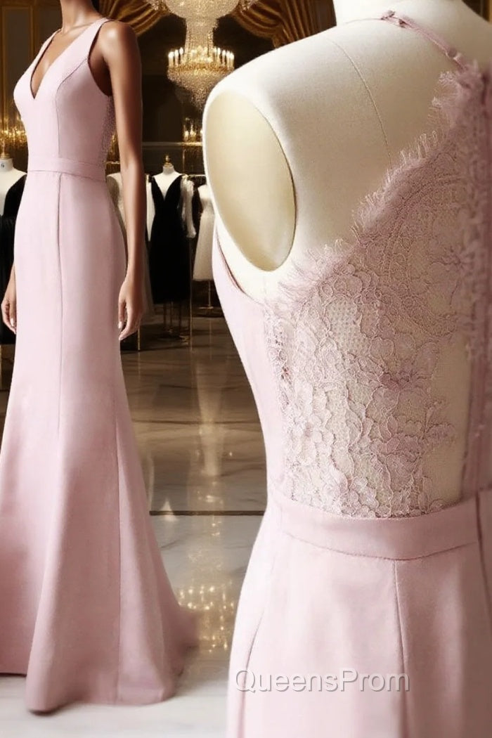 Pink v neck satin lace long Evening Prom Dress, lace bridesmaid Dress Main image