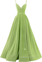 Pink V Neck Sequin A Line Evening Prom Dress With Slit