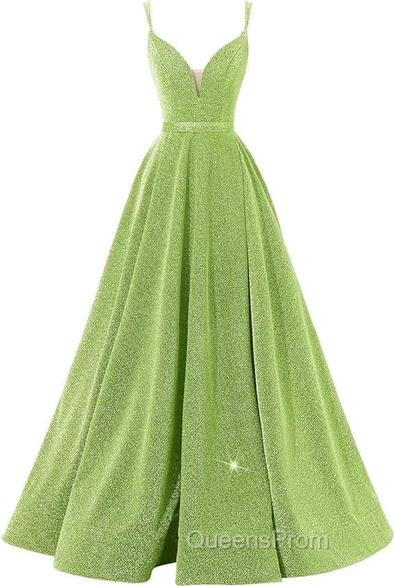Pink V Neck Sequin A Line Evening Prom Dress With Slit
