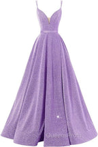 Pink V Neck Sequin A Line Evening Prom Dress With Slit