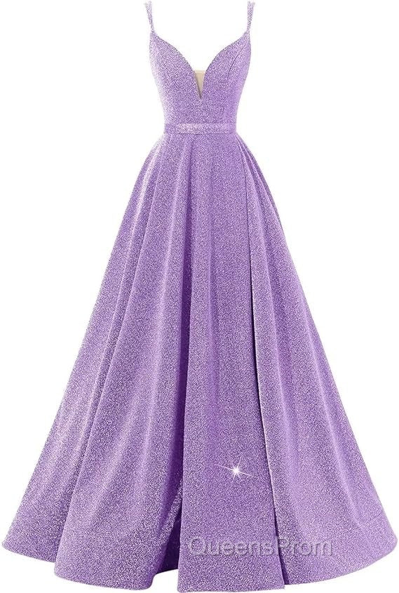 Pink V Neck Sequin A Line Evening Prom Dress With Slit