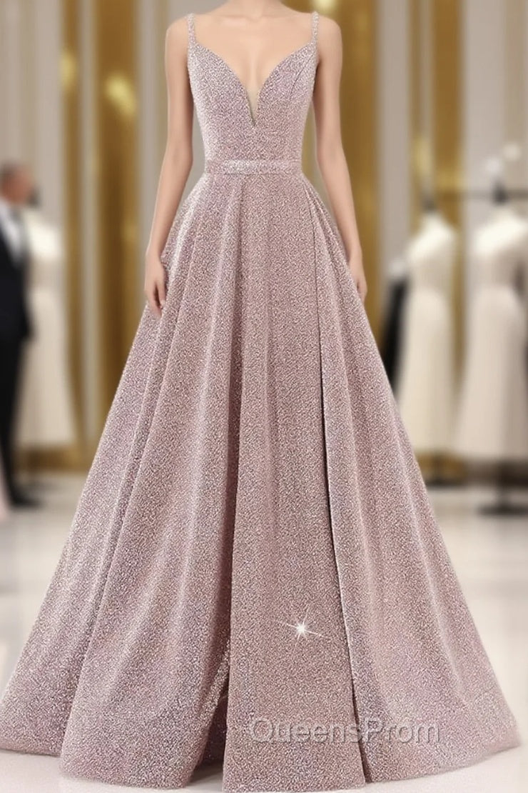 Pink V Neck Sequin A Line Evening Prom Dress With Slit Main image