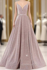 Pink V Neck Sequin A Line Evening Prom Dress With Slit