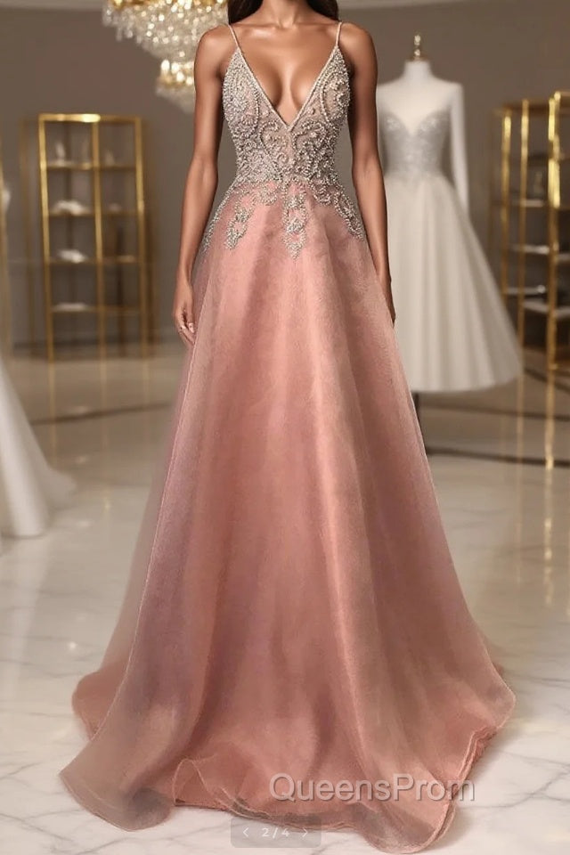 Pink v neck tulle beads long Evening Prom Dress pink evening Dress