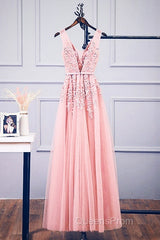 Pink V Neck Tulle Lace Applique Long Evening Prom Dress, Pink Bridesmaid Dress