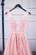 Pink V Neck Tulle Lace Applique Long Evening Prom Dress, Pink Bridesmaid Dress