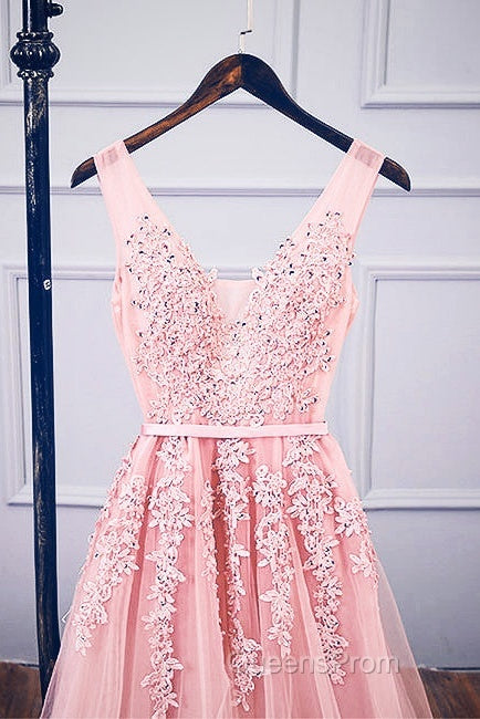 Pink V Neck Tulle Lace Applique Long Evening Prom Dress, Pink Bridesmaid Dress