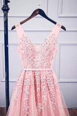 Pink V Neck Tulle Lace Applique Long Evening Prom Dress, Pink Bridesmaid Dress