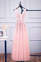 Pink V Neck Tulle Lace Applique Long Evening Prom Dress, Pink Bridesmaid Dress