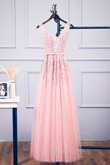 Pink V Neck Tulle Lace Applique Long Evening Prom Dress, Pink Bridesmaid Dress