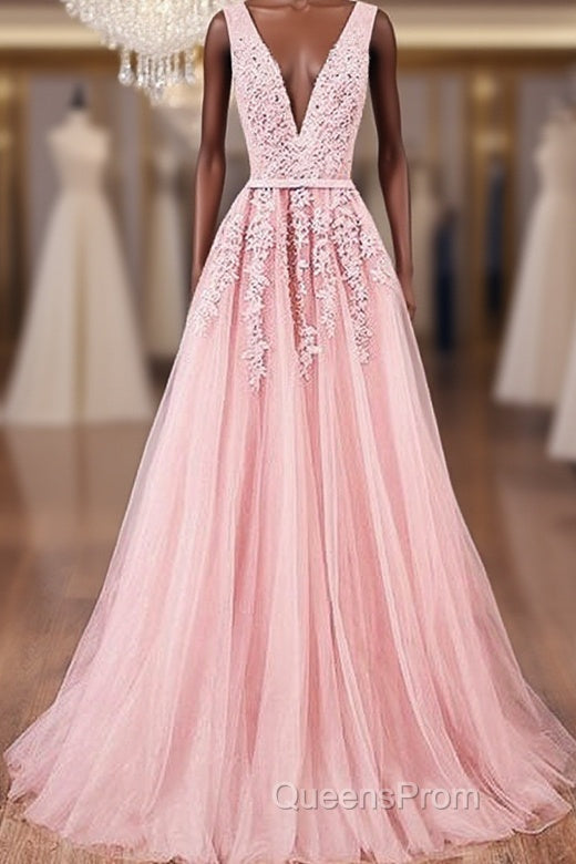 Pink V Neck Tulle Lace Applique Long Evening Prom Dress, Pink Bridesmaid Dress Main image