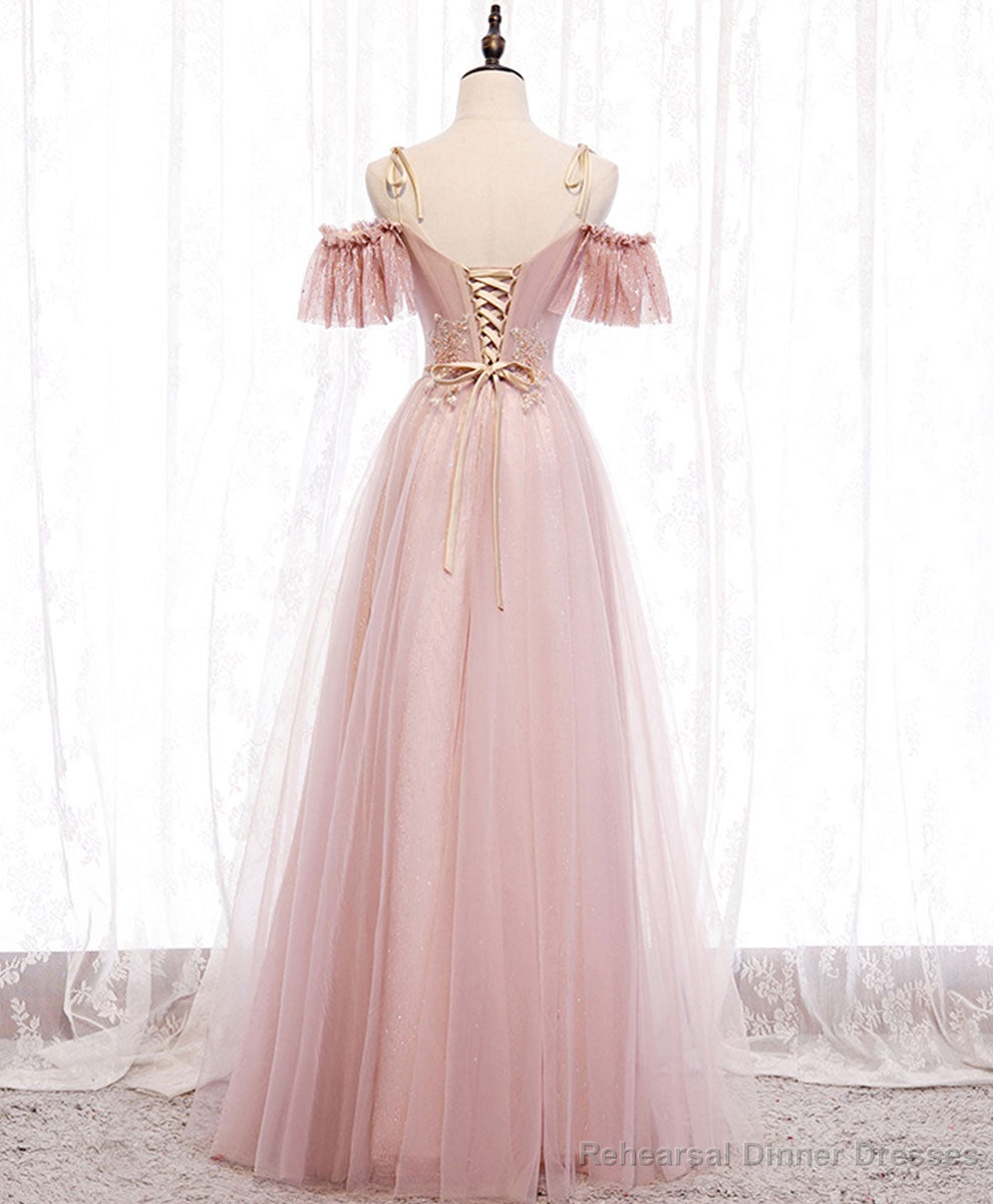 Pink v neck tulle lace long prom dress pink bridesmaid dress Secondary image