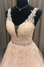 Pink V Neck Tulle Lace Long Evening Prom Dress Pink Evening Dress